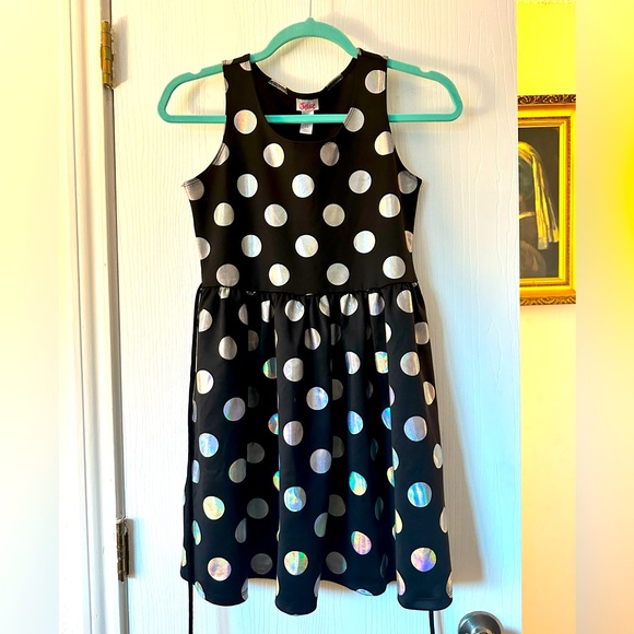 Justice skater dress- black with large silver polka dots. Size 12 - Picture 1 of 4